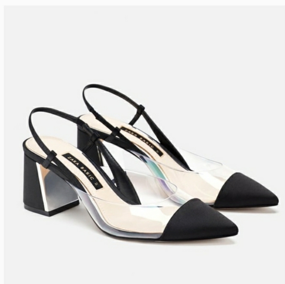 ZARA black satin pointy toe with transparent vinyl sling back shoe size US9
